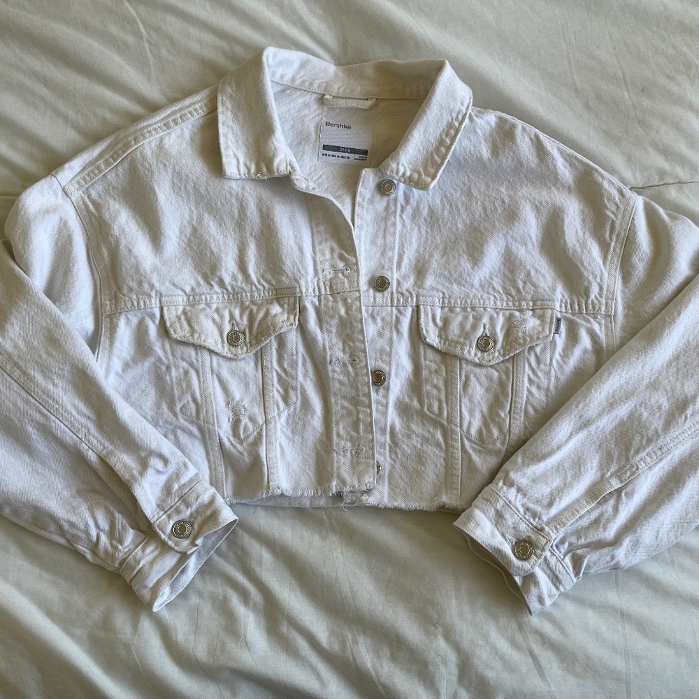 Bershka cropped oversized white denim jacket